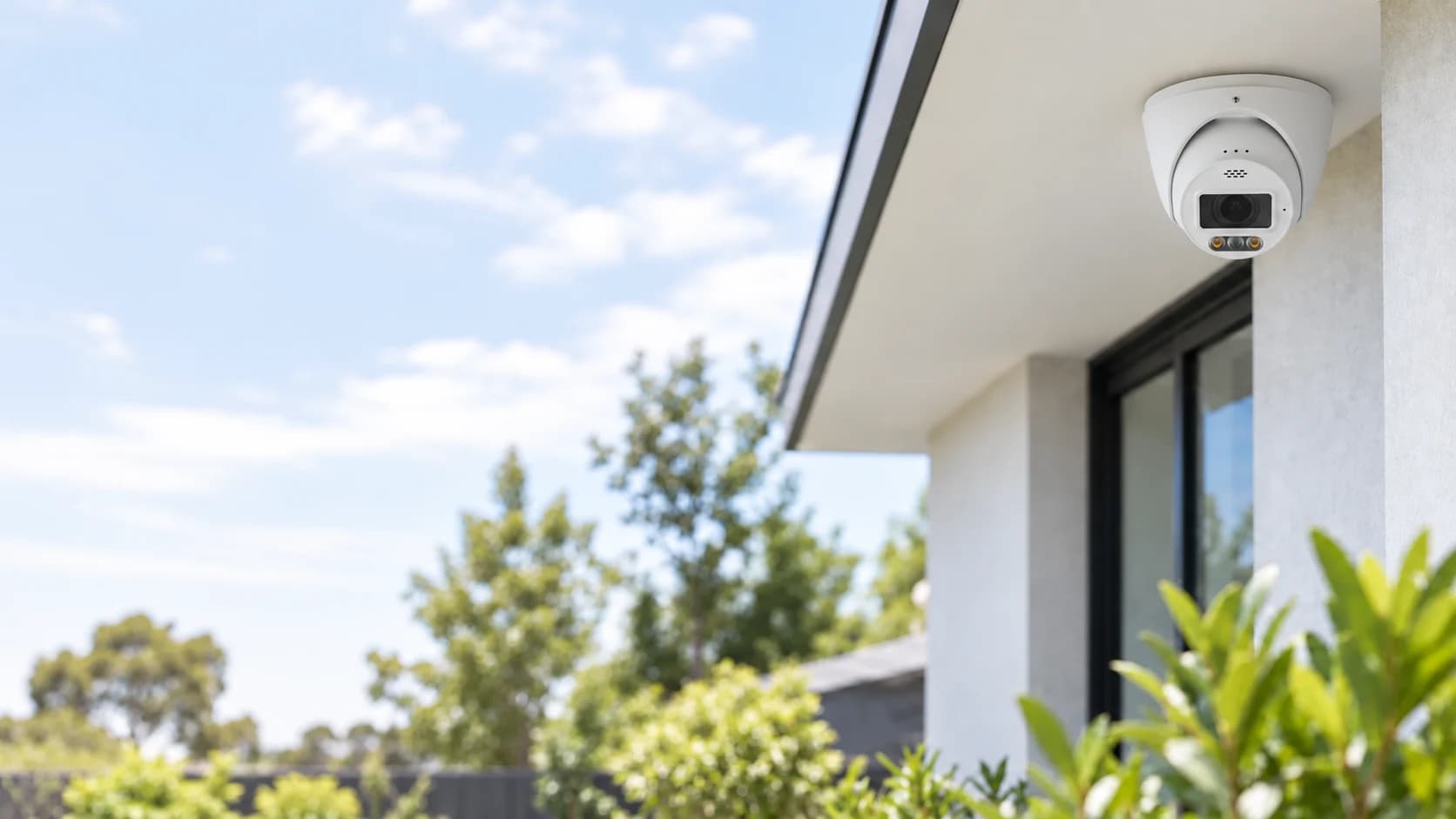 Exterior security camera mounted beneath a home's eaves